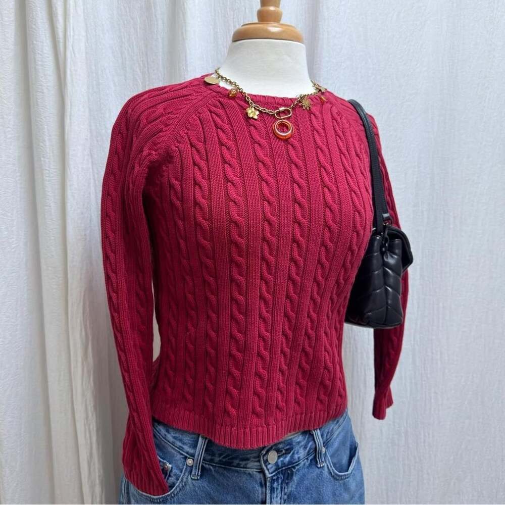 L.L. Bean Cable Knit Sweater Size S-Reg Red Cotton 90s Vintage